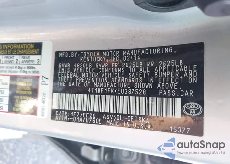 2014 Toyota Camry Se из США, поврежденный, VIN 4T1BF1FKXEU387528